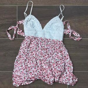 Large White and pink floral crochet dress with lace trim and tie-up straps